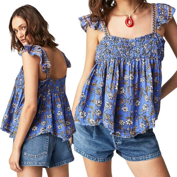 Free People Tops - NEW Free People Nala Printed Babydoll Top Blue Oversize Ruched Top Size XS